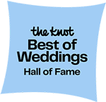 Blue and white badge reading "the knot Best of Weddings Hall of Fame.