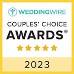 WeddingWire Couples' Choice Awards 2023 logo featuring five gold stars on a yellow and white background.