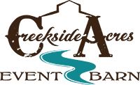 Logo for Creekside Acres Event Barn featuring cursive text and a stylized barn outline with a blue stream below.