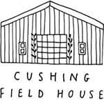 Line drawing of a barn-like structure labeled "Cushing Field House" with vertical lines and two speaker-like objects on either side of a large door.