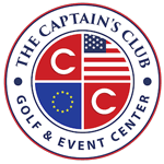 venue-the-captains-club The logo of The Captain's Club Golf & Event Center featuring an American flag and a European flag within a circular emblem.
