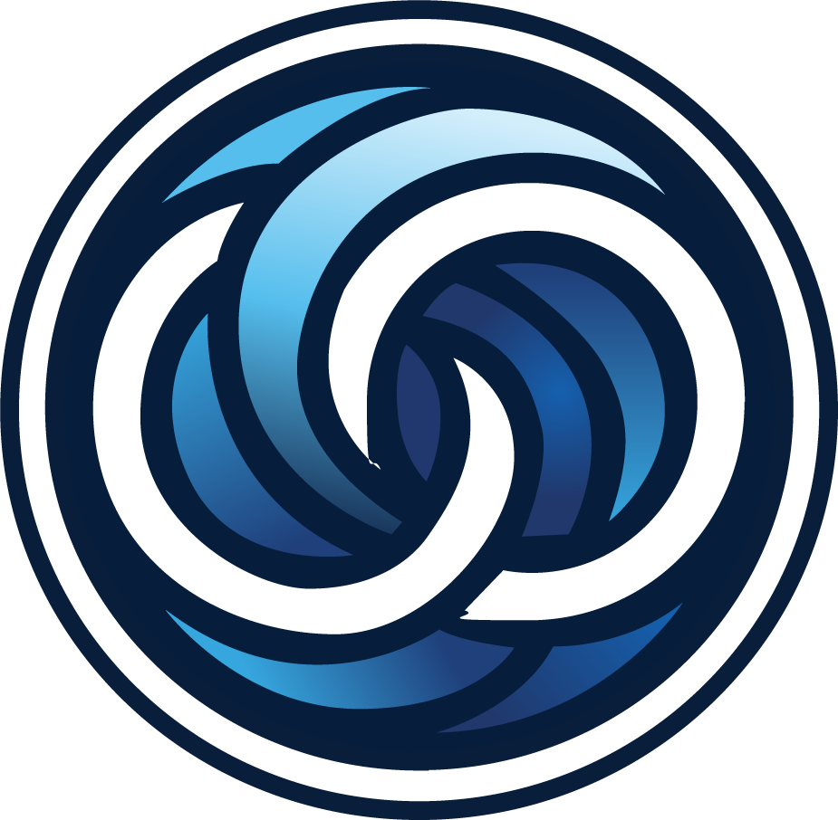 A circular logo featuring interlocking swirl shapes in dark blue, light blue, and white, forming a symmetrical, abstract pattern with a sense of motion.