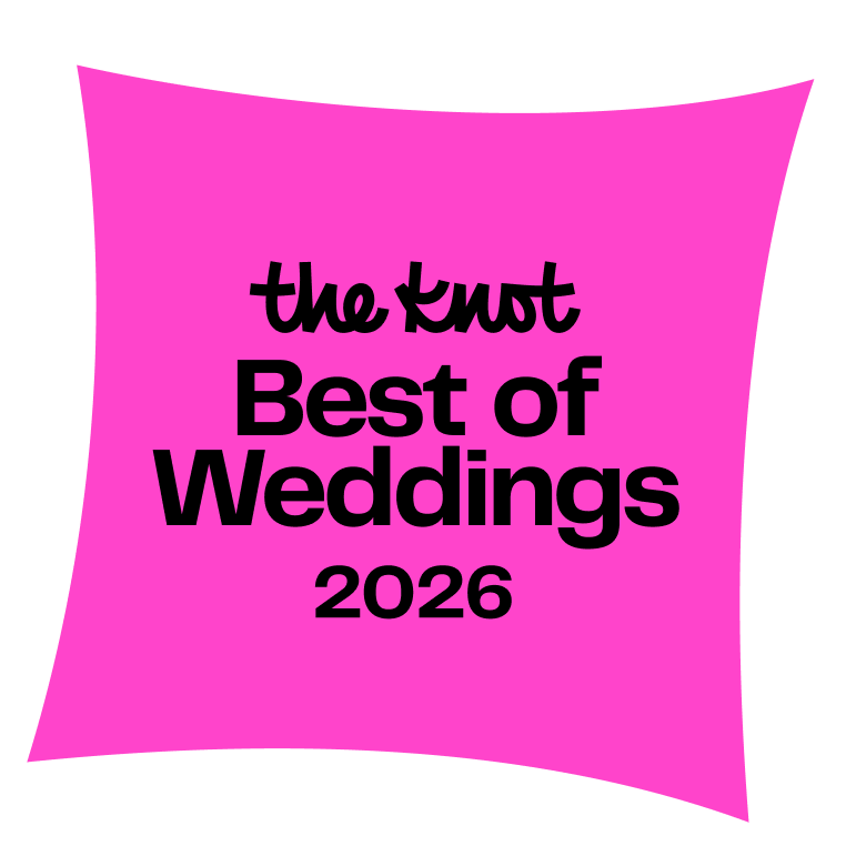 A pink, curved square features black text reading "the Knot Best of Weddings 2026" on a white background.