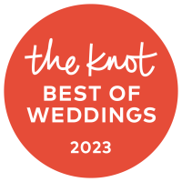 A round, red badge with white text reads "the knot BEST OF WEDDINGS 2023.