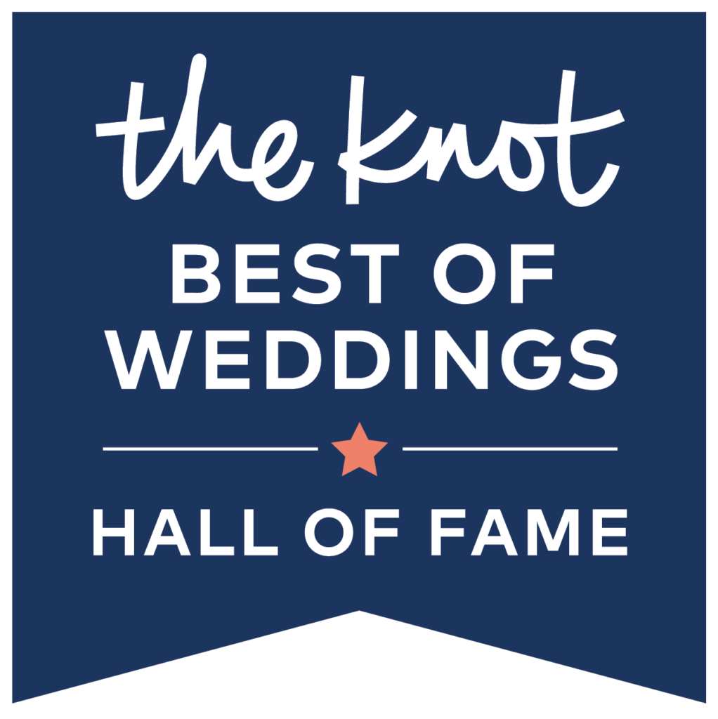 A blue banner with white text reads "The Knot Best of Weddings Hall of Fame" with a small red star between "Weddings" and "Hall of Fame.