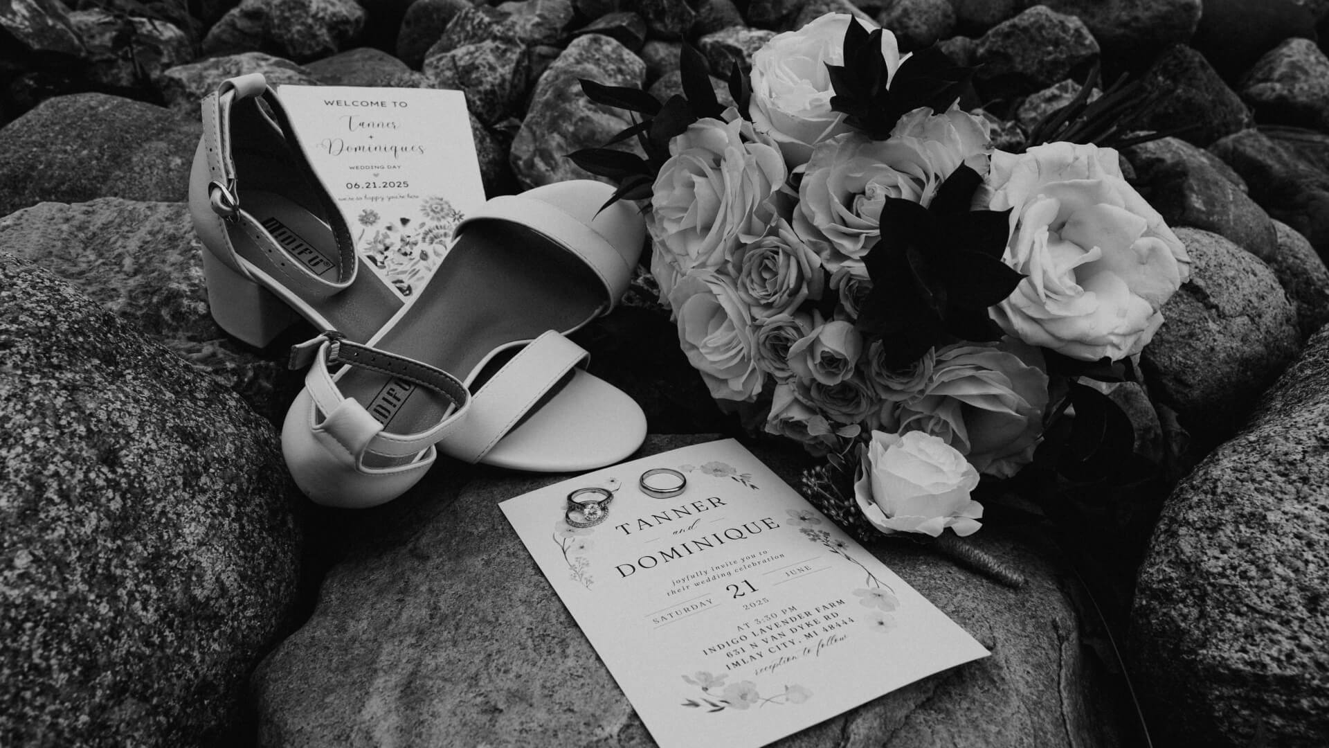 Black and white photo of wedding items on rocks, including a pair of open-toe heels, a bouquet of roses, and two printed wedding invitations with names and floral decorations.