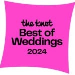 A bright pink square with curved sides features the text “the knot Best of Weddings 2024” in bold black letters in the center.
