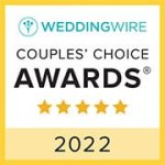 WeddingWire Couples’ Choice Awards 2022 badge featuring five gold stars, the WeddingWire logo, and text in black and teal on a white background with a yellow border.