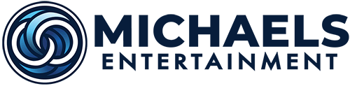 Michaels Entertainment logo with a blue circular abstract swirl design on the left and the company name in bold, dark blue capital letters to the right.