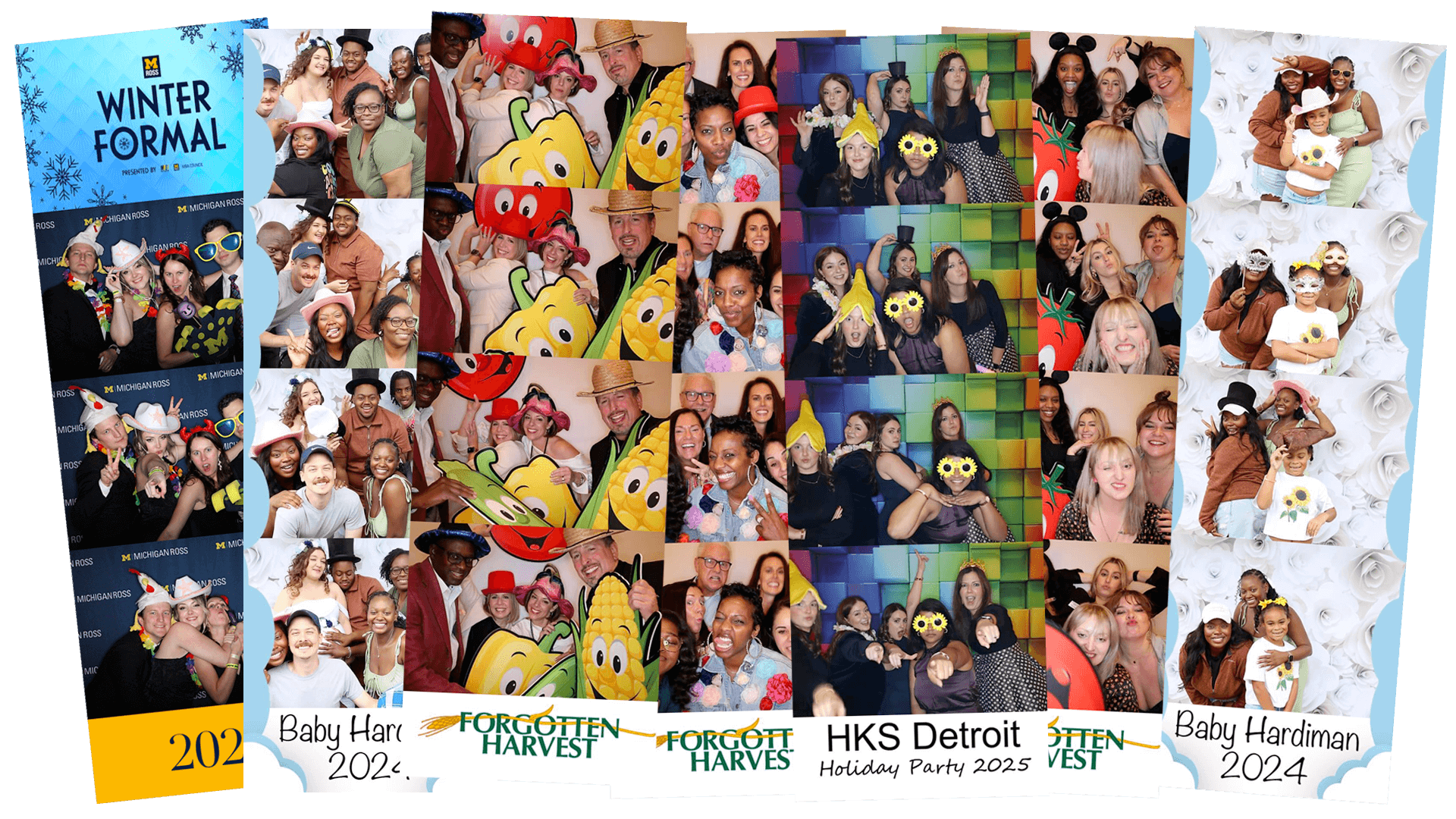 A collage of photo booth strips from various events in 2023, showing groups of people posing with playful props and backdrops labeled with event names like "Winter Formal," "Forgotten Harvest," and "Holiday Party.
