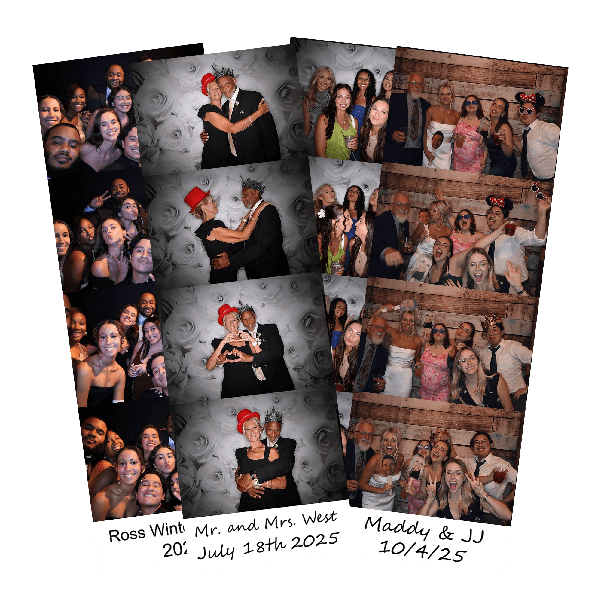 Two photo booth strips each containing four photos of smiling people in formal attire posing together. The strips are labeled with "Mr. and Mrs. West, July 18th 2025," and "Maddy & JJ, 10/4/25.