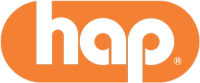 The image shows the word "hap" in lowercase white letters inside an orange rounded rectangle. There is a registered trademark symbol in white near the lower right edge of the shape.