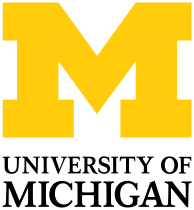 A large yellow letter "M" is centered above the words "University of Michigan" in black, all-capital letters on a light gray background.