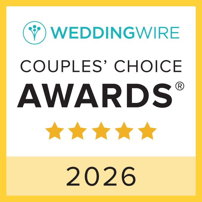 WeddingWire Couples’ Choice Awards 2026 badge with five gold stars and black and teal text on a white background with a yellow border.