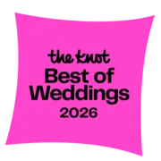 A bright pink square with curved edges displays the words "the knot Best of Weddings 2026" in bold black text.